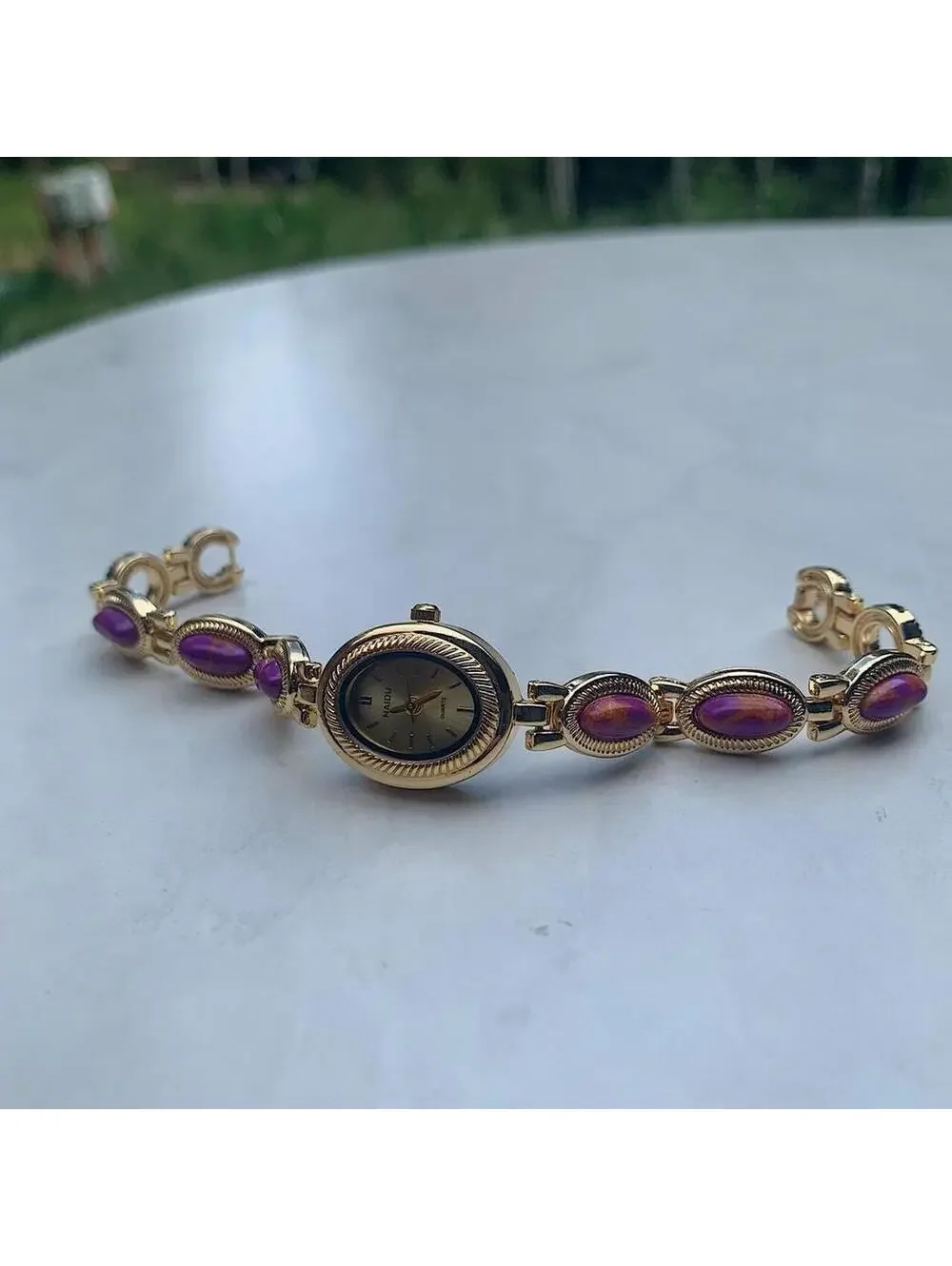 Y2k style Dainty cute Gold style tone quartz watch with purple jade stone opal